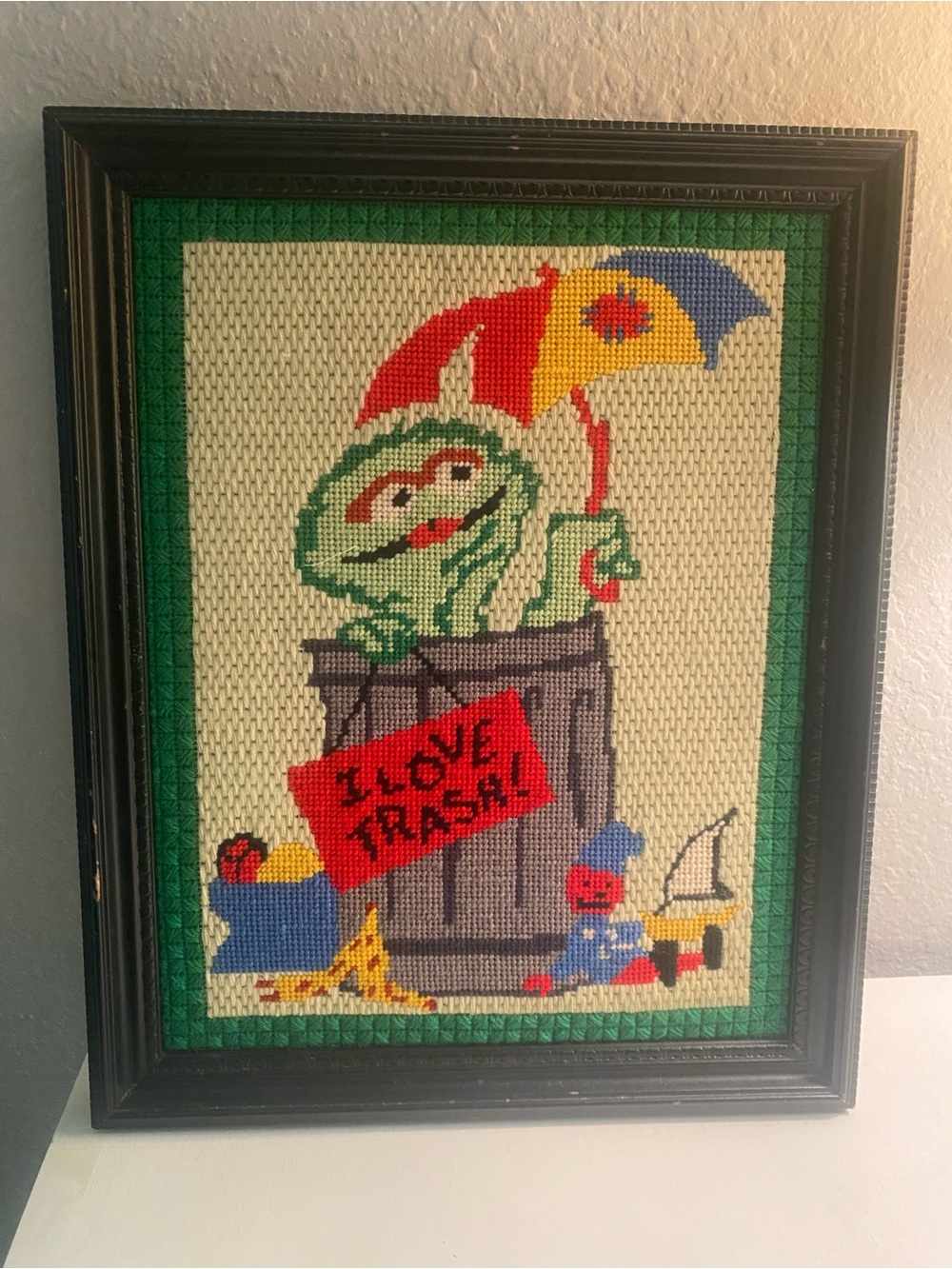 Oscar the Grouch Needlepoint Wall Art - Green, Red, Yellow, Blue